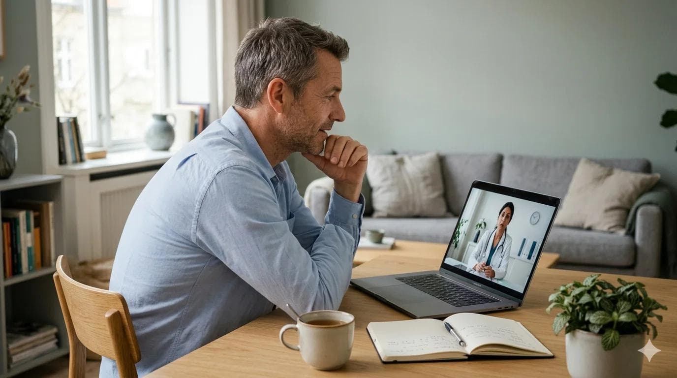 Homme quarantenaire en téléconsultation discutant de sa faiblesse sexuelle avec un médecin Homme quarantenaire en téléconsultation discutant de sa faiblesse sexuelle avec un médecin