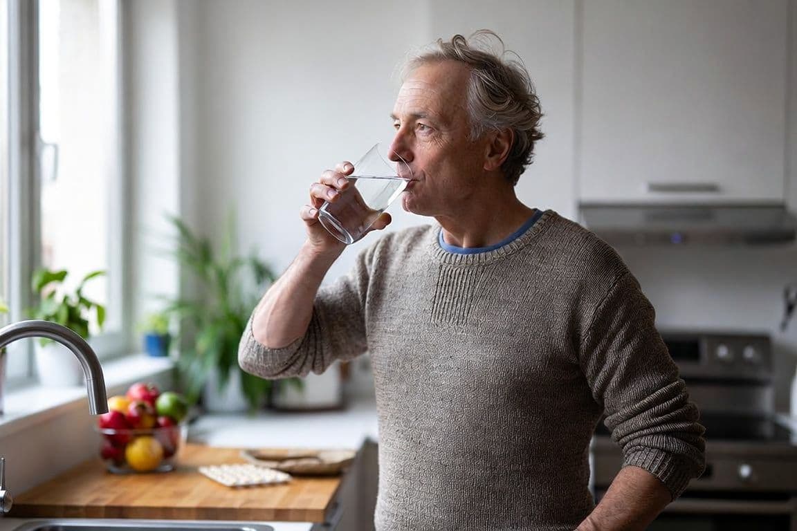 Permixon, effet au bout de combien de temps : homme serein buvant un verre d'eau le matin Permixon, effet au bout de combien de temps : homme serein buvant un verre d'eau le matin