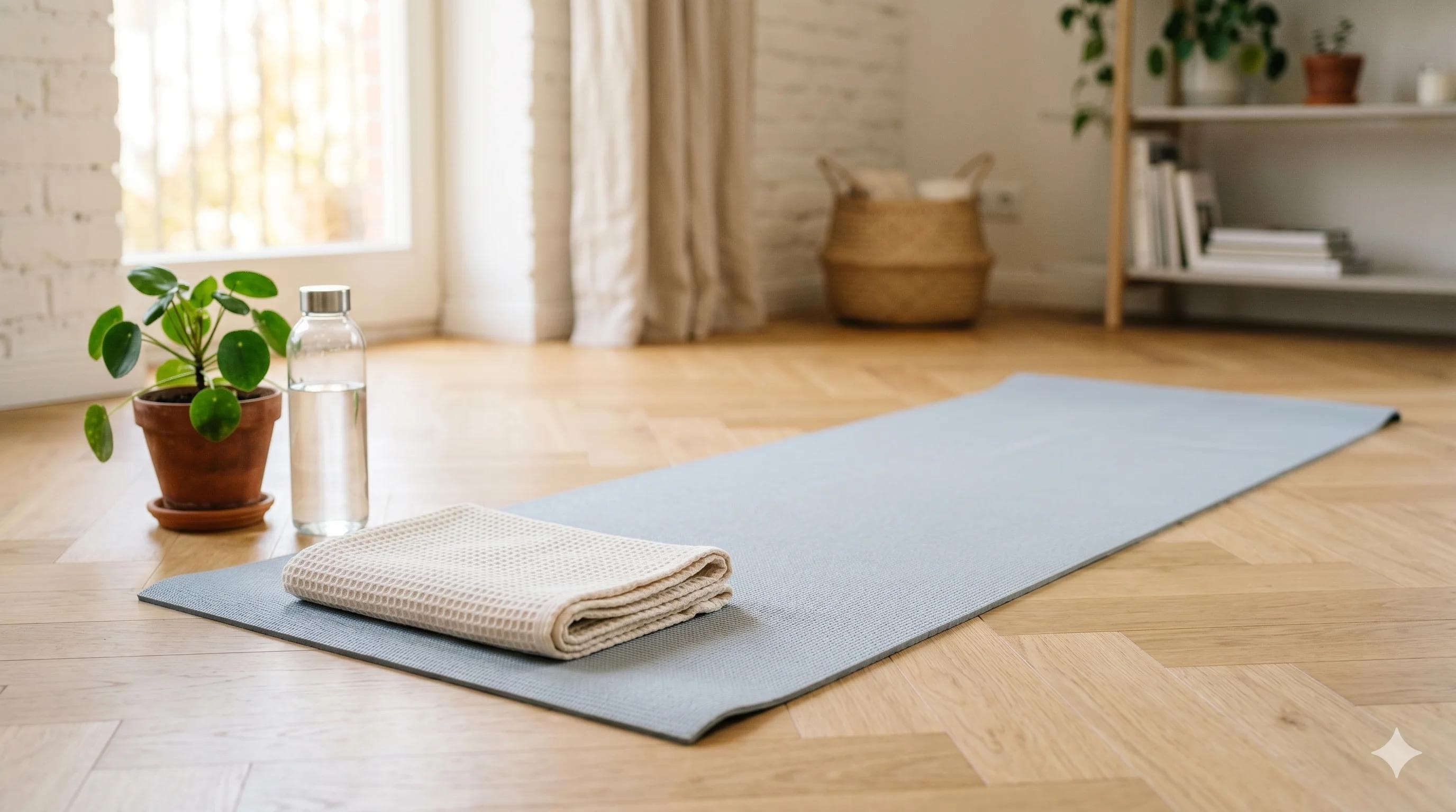 Tapis de yoga et serviette pliée évoquant la rééducation du périnée à domicile contre l'éjaculation précoce Tapis de yoga et serviette pliée évoquant la rééducation du périnée à domicile contre l'éjaculation précoce