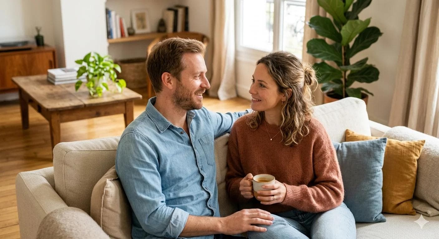 Couple complice discutant de la technique start and stop pour mieux contrôler l'éjaculation précoce ensemble Couple complice discutant de la technique start and stop pour mieux contrôler l'éjaculation précoce ensemble