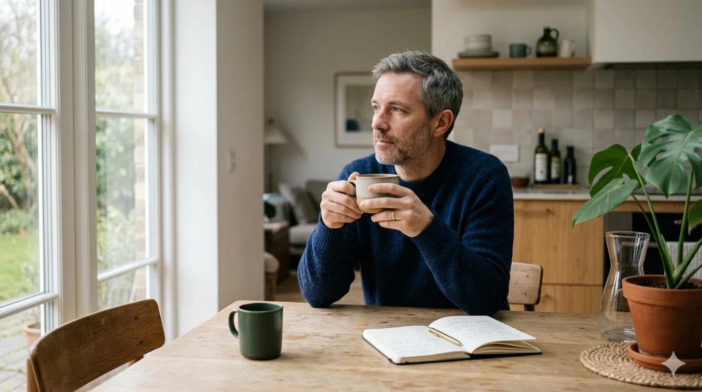Homme d'âge moyen pensif au petit-déjeuner, prenant un moment pour évaluer son asthénie sexuelle Homme d'âge moyen pensif au petit-déjeuner, prenant un moment pour évaluer son asthénie sexuelle