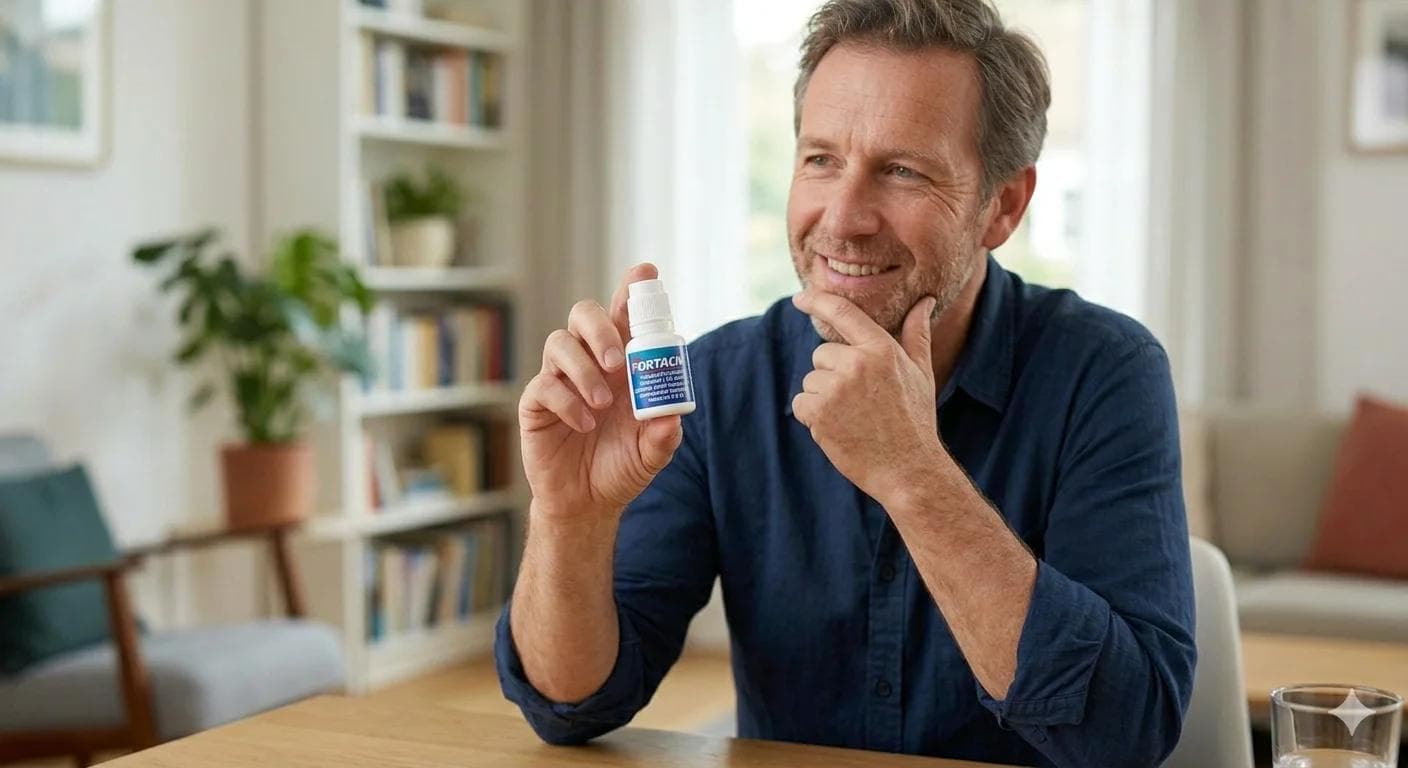 Homme tenant un flacon de Fortacin dans la main Homme tenant un flacon de Fortacin dans la main