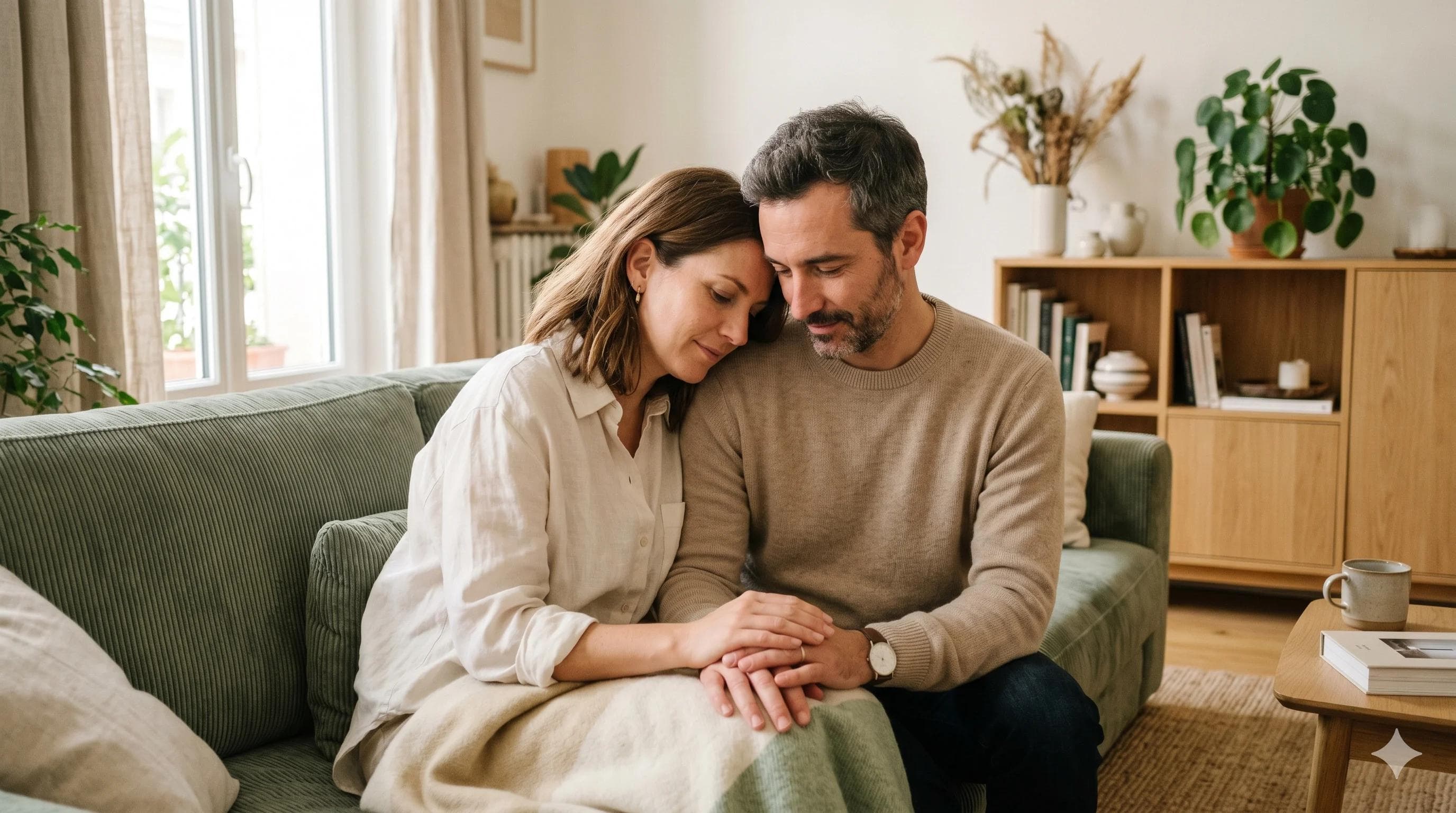 Couple adulte complice évoquant l'approche TCC partagée pour l'éjaculation précoce dans le couple Couple adulte complice évoquant l'approche TCC partagée pour l'éjaculation précoce dans le couple