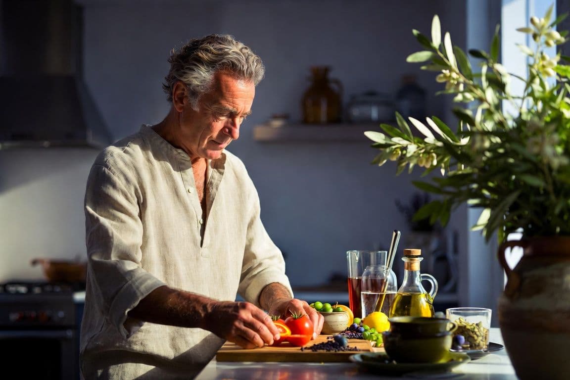 Homme de 55 ans préparant un déjeuner méditerranéen dans sa cuisine évoquant comment soigner sa prostate rapidement Homme de 55 ans préparant un déjeuner méditerranéen dans sa cuisine évoquant comment soigner sa prostate rapidement