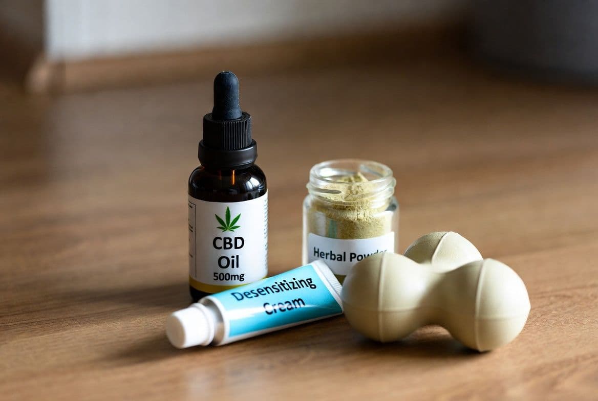 Collection de solutions naturelles contre l'éjaculation précoce incluant huile de CBD, produits désensibilisants et matériel pour exercices de contrôle Collection de solutions naturelles contre l'éjaculation précoce incluant huile de CBD, produits désensibilisants et matériel pour exercices de contrôle