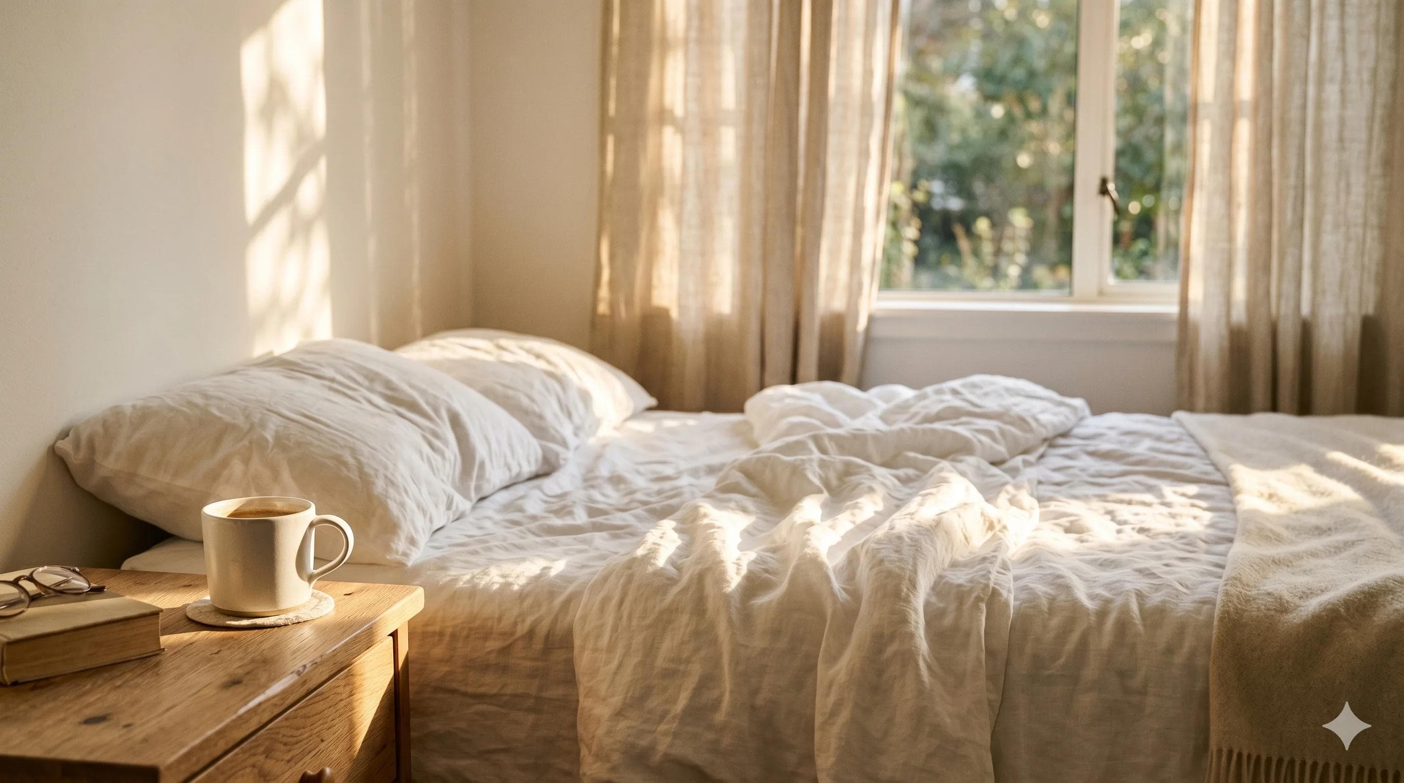 Lumière du matin sur un lit défait évoquant le réveil et le phénomène naturel de l'érection matinale Lumière du matin sur un lit défait évoquant le réveil et le phénomène naturel de l'érection matinale