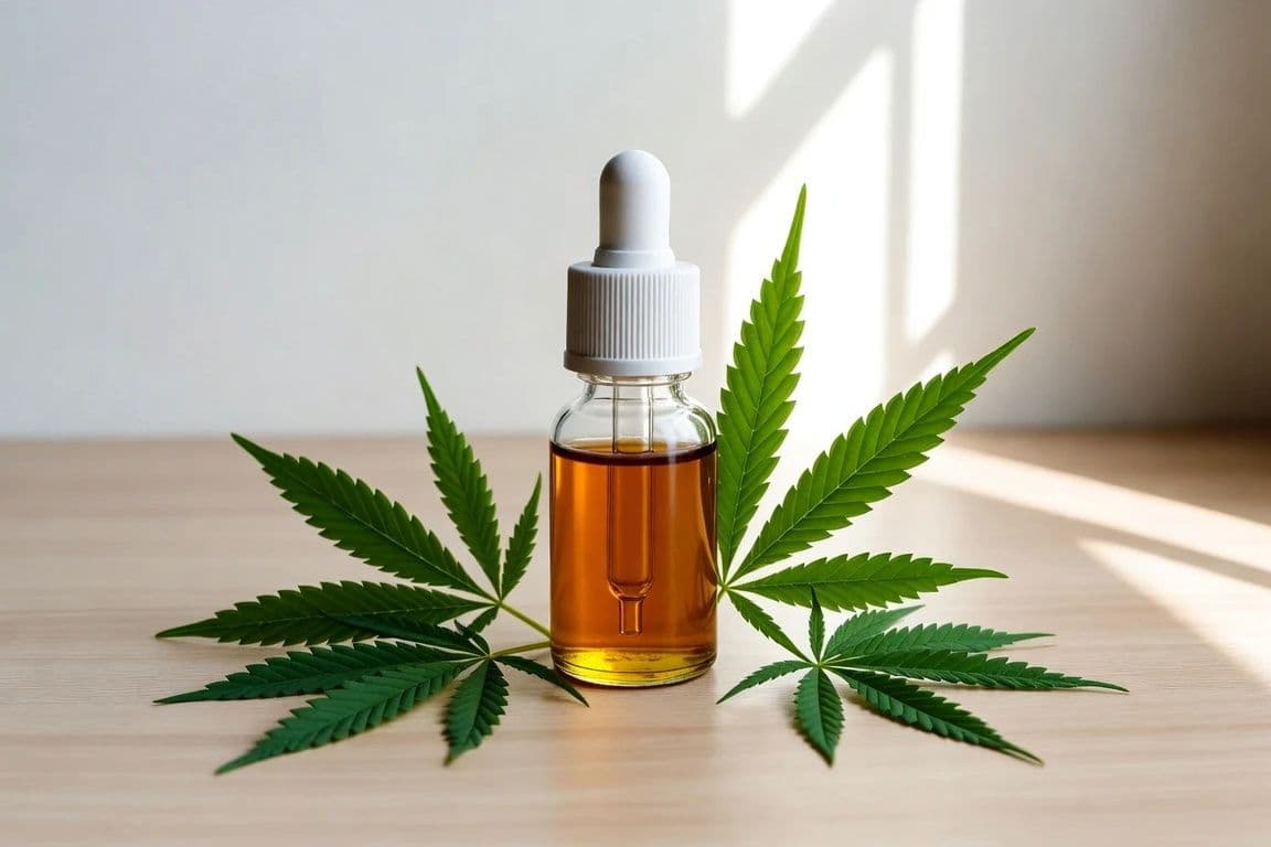 Flacon d'huile de CBD et feuilles de chanvre illustrant le CBD contre l'éjaculation précoce Flacon d'huile de CBD et feuilles de chanvre illustrant le CBD contre l'éjaculation précoce