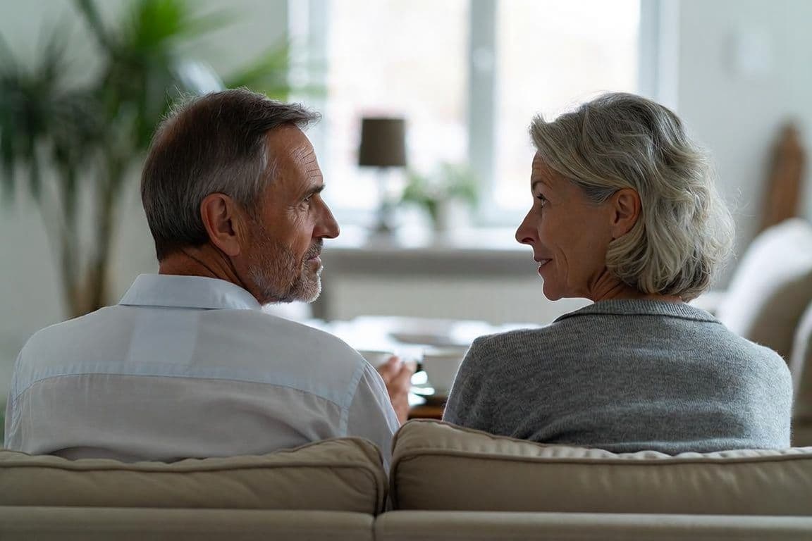 Couple discutant sereinement d'un problème d'érection après une vasectomie Couple discutant sereinement d'un problème d'érection après une vasectomie
