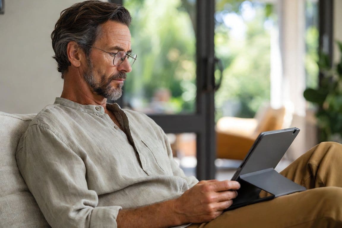 Homme de 55 ans serein consultant une tablette dans son salon méditerranéen évoquant les examens en ligne de la prostate Homme de 55 ans serein consultant une tablette dans son salon méditerranéen évoquant les examens en ligne de la prostate