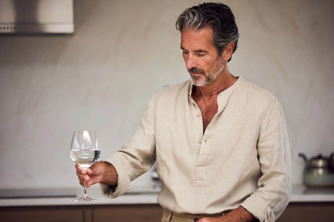Homme de 55 ans serein se servant un verre d'eau dans sa cuisine évoquant la prévention des troubles urinaires masculins Homme de 55 ans serein se servant un verre d'eau dans sa cuisine évoquant la prévention des troubles urinaires masculins