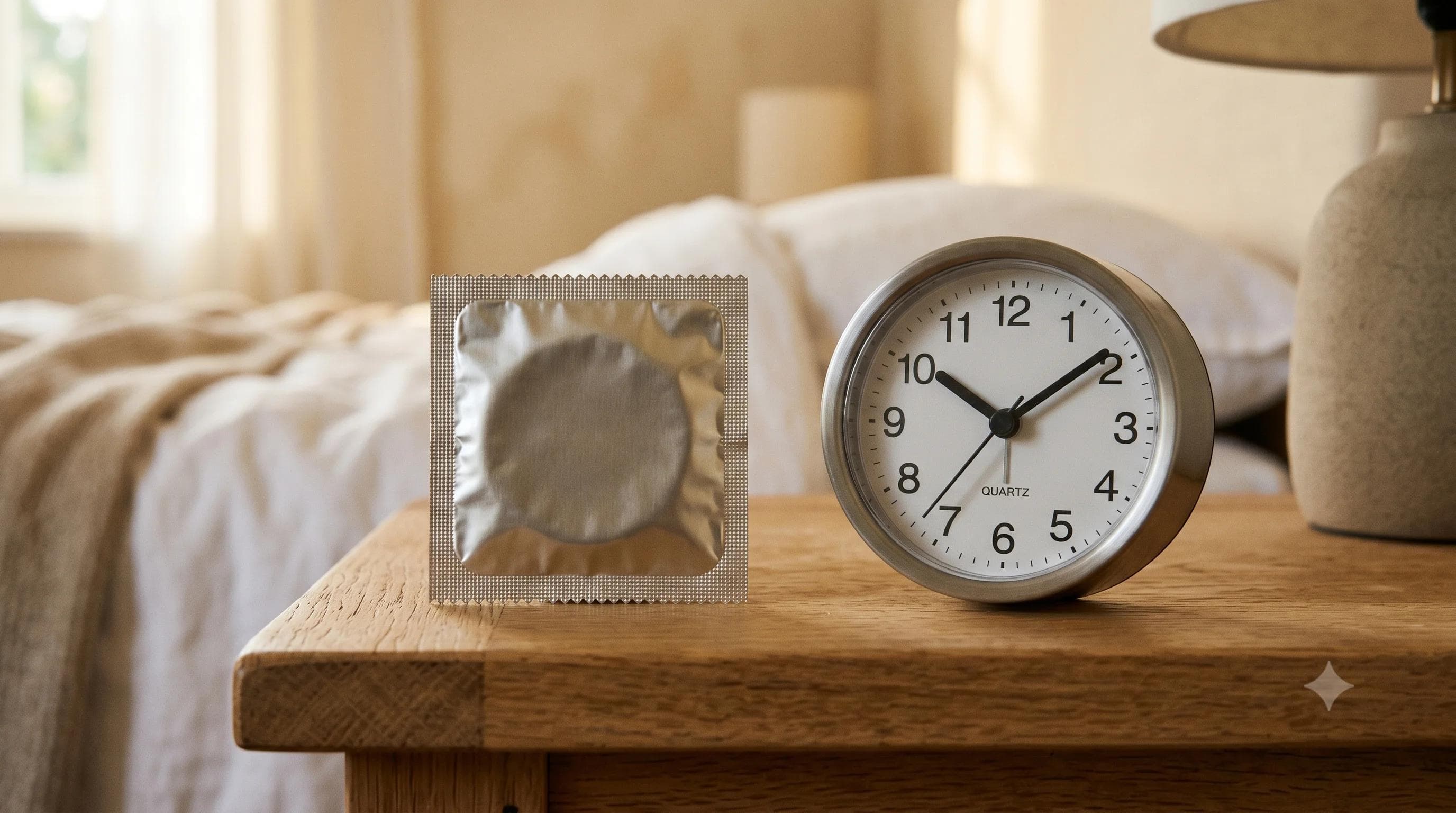 Sachet de préservatif et horloge évoquant le préservatif retardant contre l'éjaculation précoce Sachet de préservatif et horloge évoquant le préservatif retardant contre l'éjaculation précoce