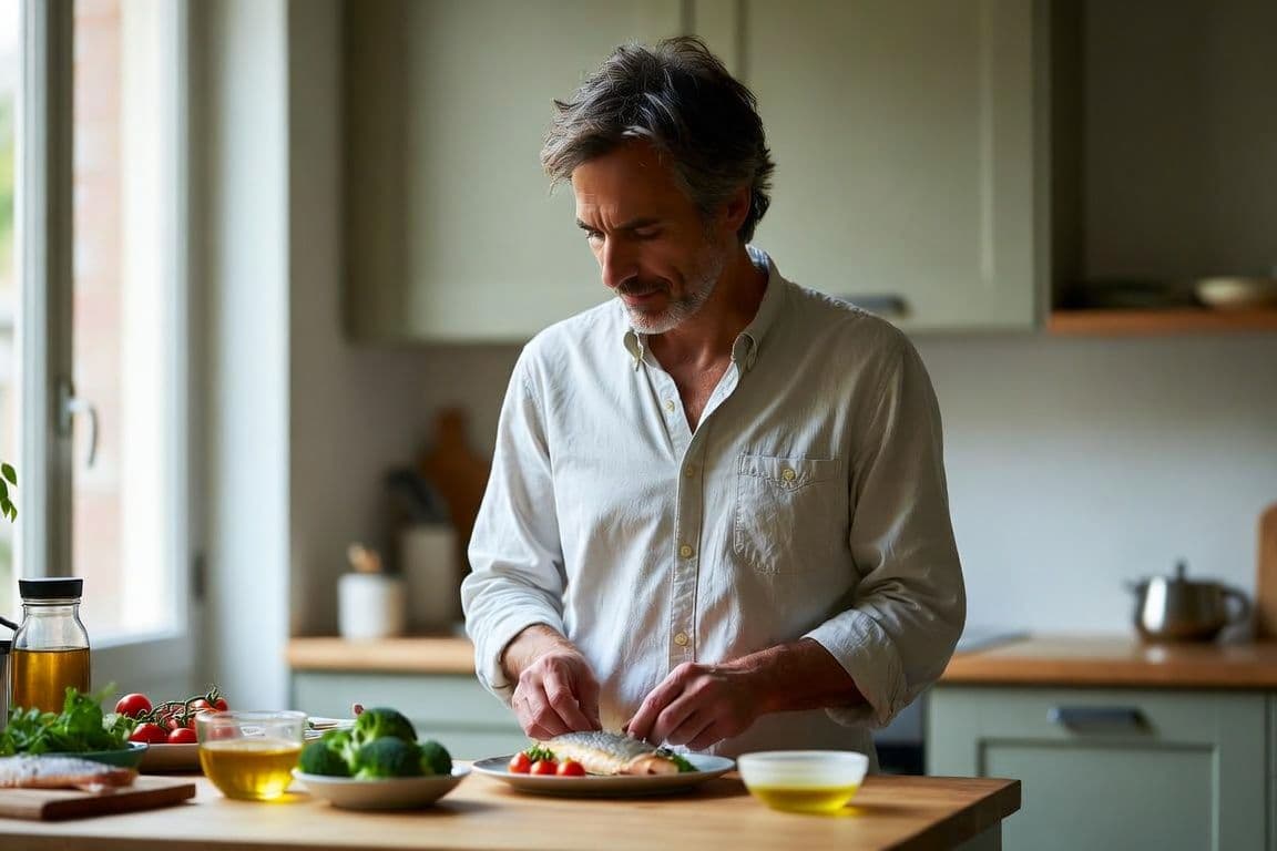 Homme préparant un repas sain sans aliments interdits pour la prostate Homme préparant un repas sain sans aliments interdits pour la prostate