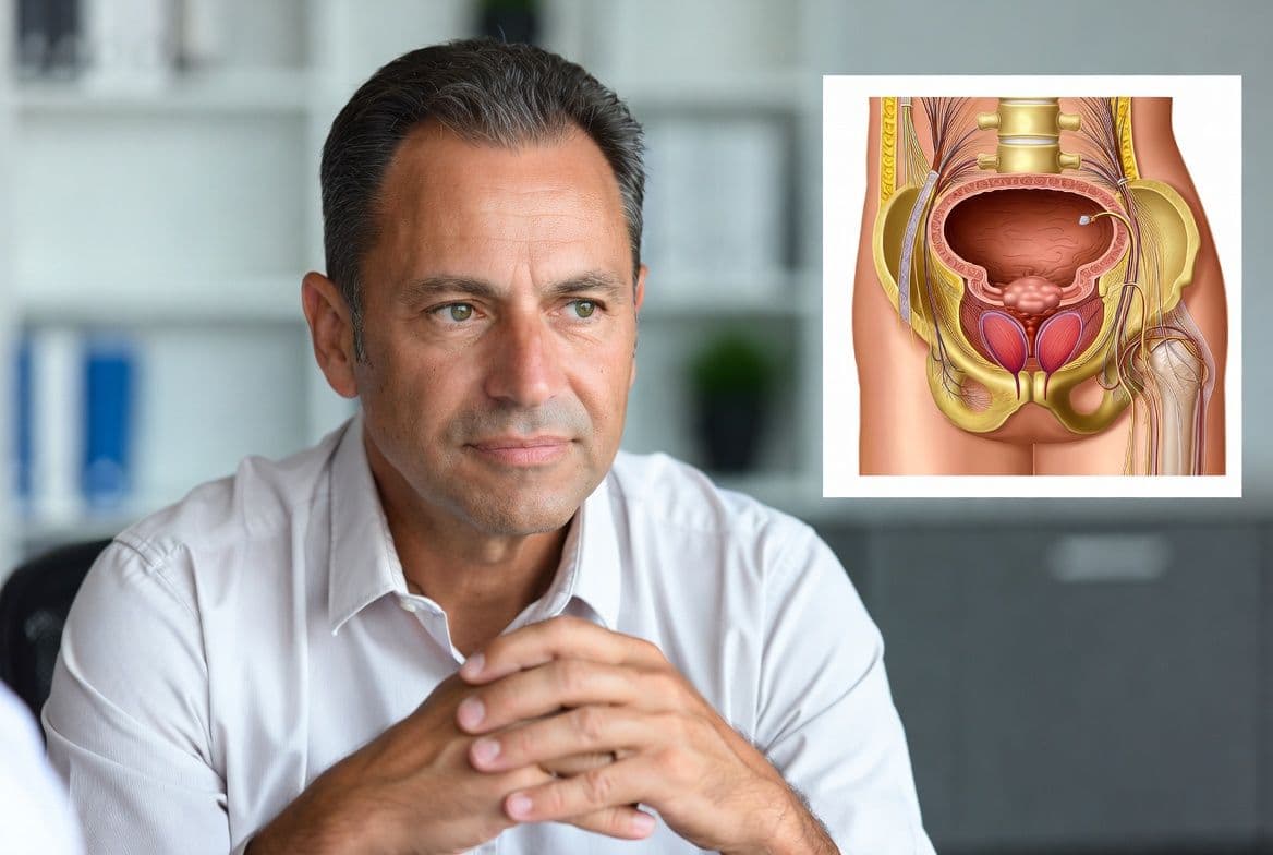 Homme de 55 ans consultant un urologue pour des problèmes d'érection liés à un traitement prostatique Homme de 55 ans consultant un urologue pour des problèmes d'érection liés à un traitement prostatique