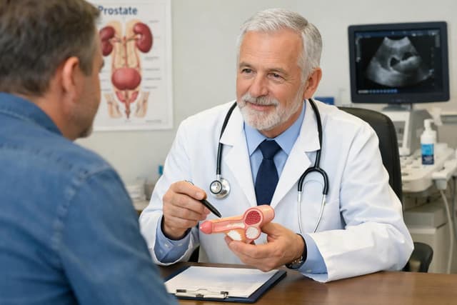 Médecin urologue en consultation avec un patient masculin dans un cabinet médical moderne Médecin urologue en consultation avec un patient masculin dans un cabinet médical moderne