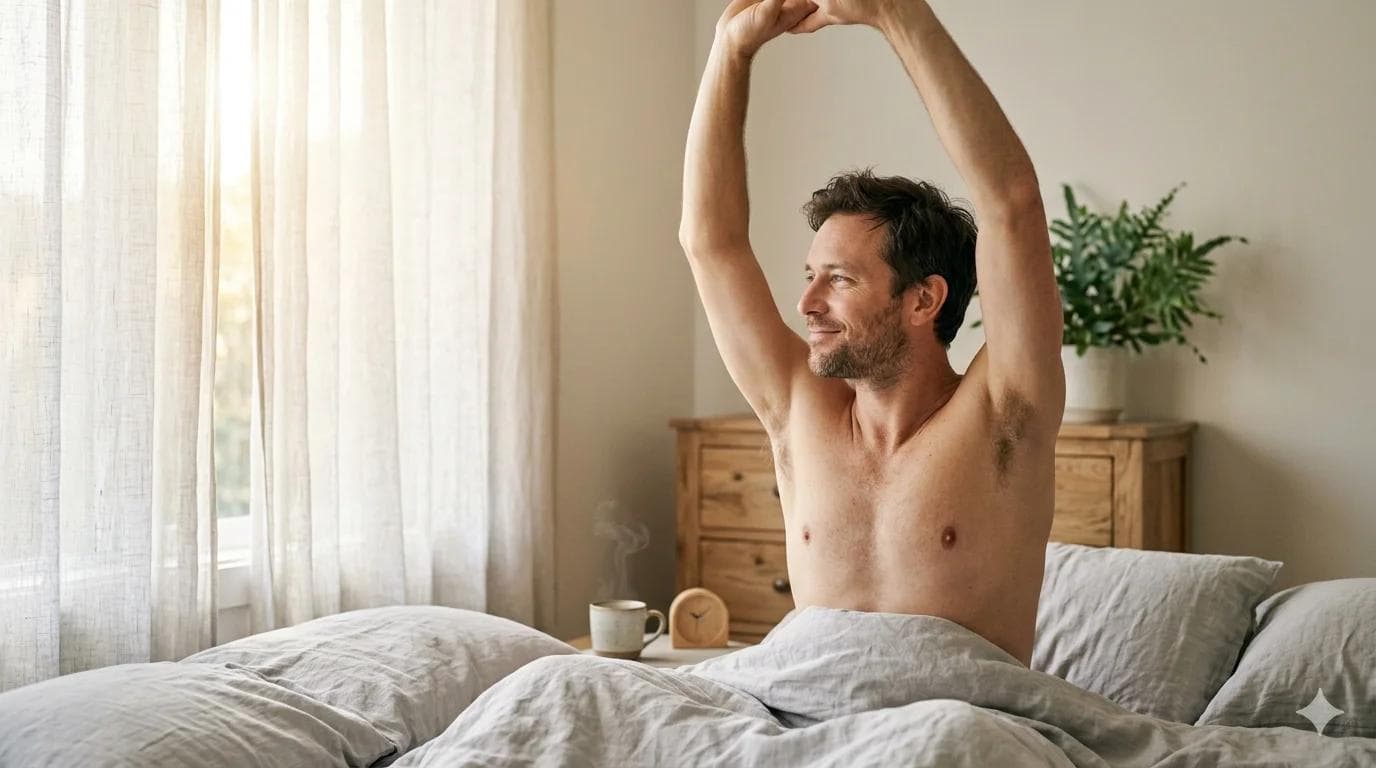 Homme serein au réveil constatant une érection involontaire matinale signe de bonne santé Homme serein au réveil constatant une érection involontaire matinale signe de bonne santé