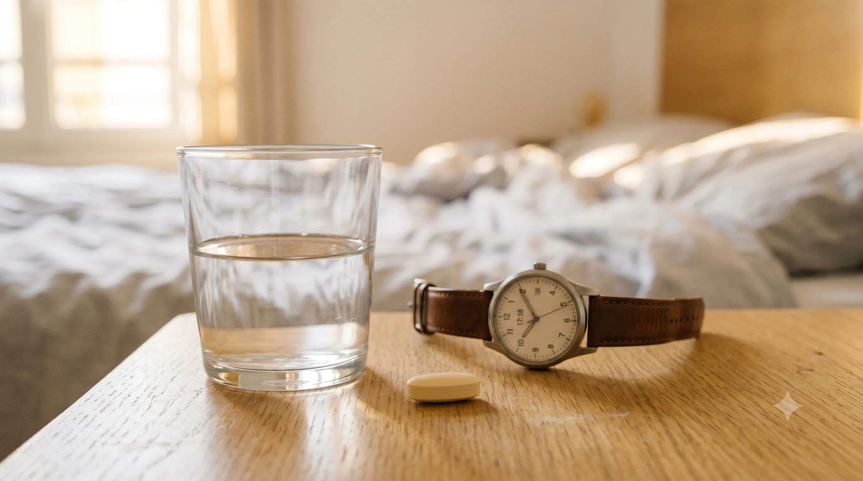Comprimé jaune verre d'eau et montre évoquant la première prise de Cialis et le bon timing avant l'effet Comprimé jaune verre d'eau et montre évoquant la première prise de Cialis et le bon timing avant l'effet