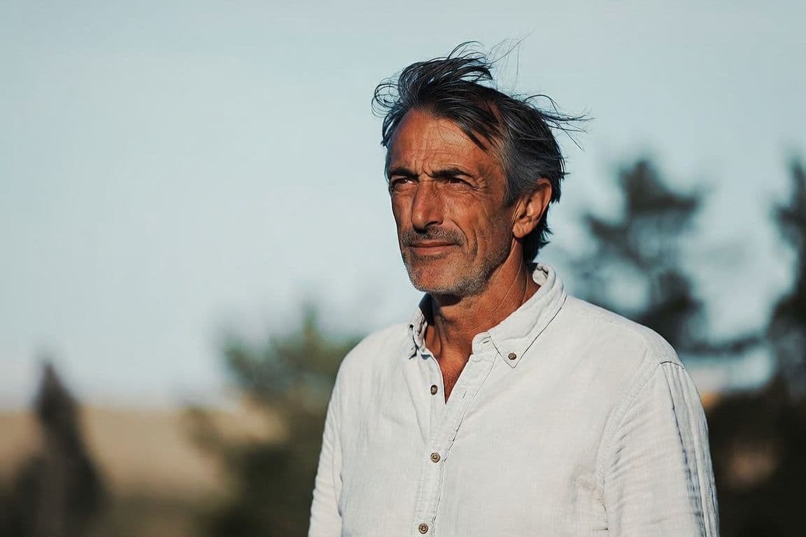 Homme de 55 ans s'étirant sur une terrasse méditerranéenne évoquant la rééducation périnéale et la fuite urinaire homme Homme de 55 ans s'étirant sur une terrasse méditerranéenne évoquant la rééducation périnéale et la fuite urinaire homme