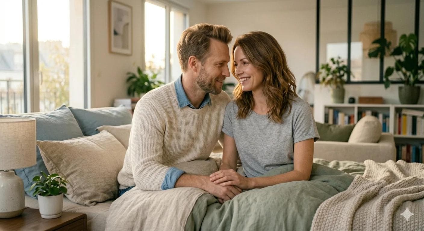 Homme confiant et apaisé avec sa femme cherchant comment être endurant au lit rapidement avec des solutions médicales Homme confiant et apaisé avec sa femme cherchant comment être endurant au lit rapidement avec des solutions médicales
