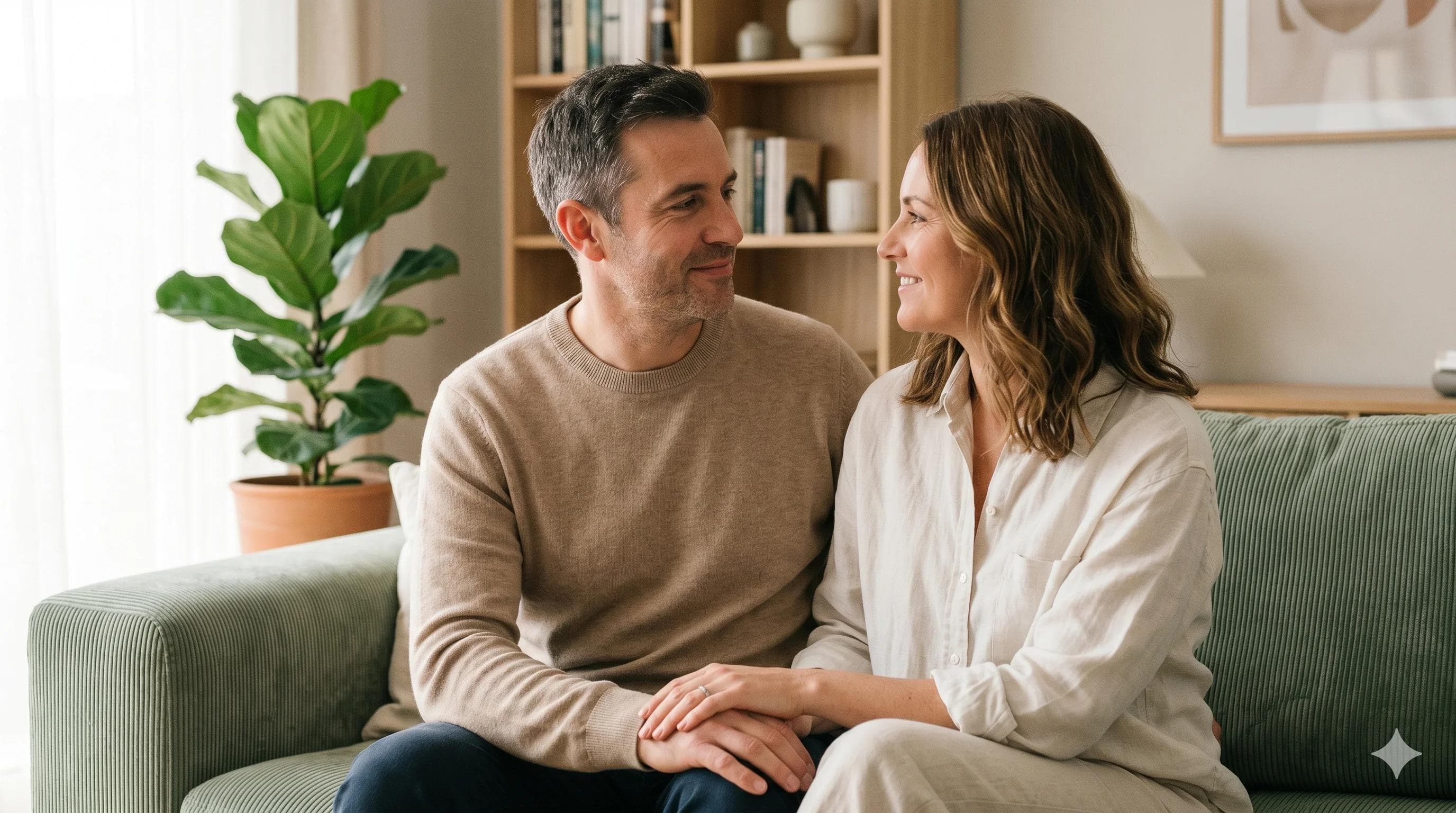 Couple adulte complice évoquant le dialogue bienveillant autour de l'éjaculation précoce dans le couple Couple adulte complice évoquant le dialogue bienveillant autour de l'éjaculation précoce dans le couple