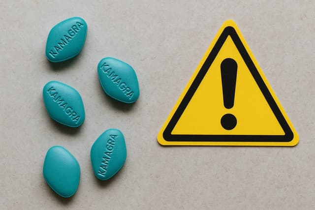 Comprimés de Kamagra avec symbole d'avertissement illustrant les dangers de l'achat en ligne de médicaments non autorisés Comprimés de Kamagra avec symbole d'avertissement illustrant les dangers de l'achat en ligne de médicaments non autorisés