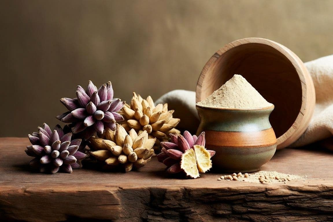 Poudre et racine de maca des Andes sur une table en bois Poudre et racine de maca des Andes sur une table en bois