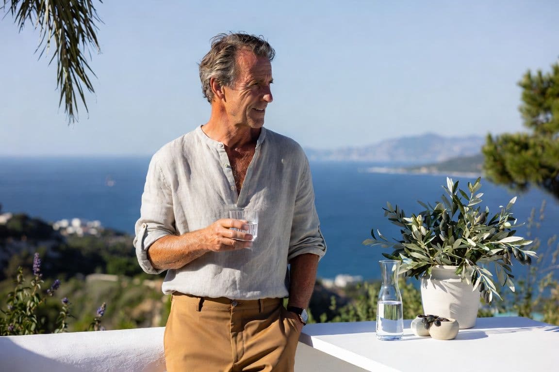 Homme de 55 ans serein sur sa terrasse méditerranéenne avec un verre d'eau évoquant le jet urinaire faible chez l'homme Homme de 55 ans serein sur sa terrasse méditerranéenne avec un verre d'eau évoquant le jet urinaire faible chez l'homme