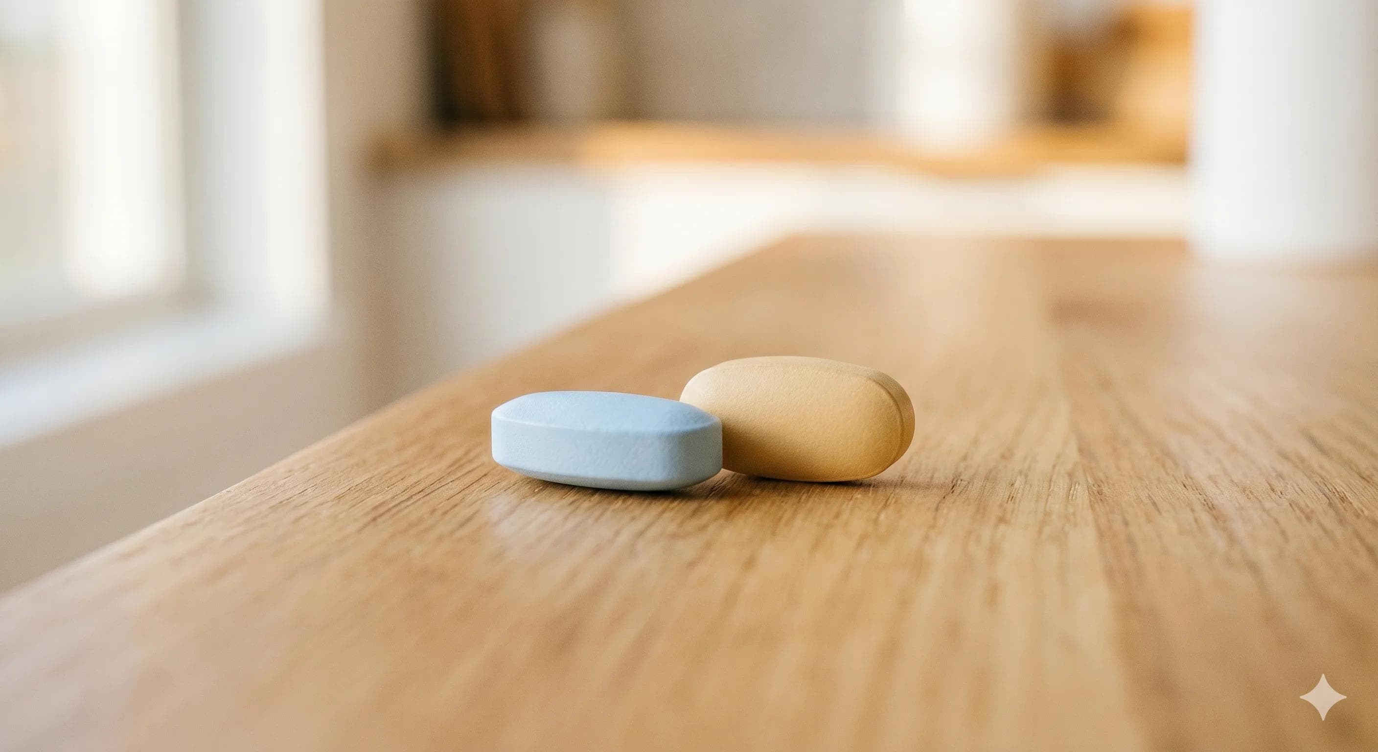 Deux comprimés pharmaceutiques côte à côte illustrant la question de l'association Cialis et Viagra Deux comprimés pharmaceutiques côte à côte illustrant la question de l'association Cialis et Viagra