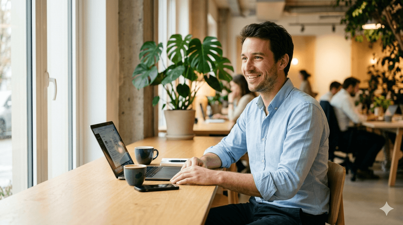 Homme trentenaire serein gérant une situation d'érection gênante en réunion Homme trentenaire serein gérant une situation d'érection gênante en réunion