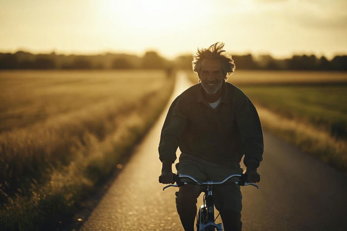 Homme souriant à vélo sur une route de campagne Homme souriant à vélo sur une route de campagne
