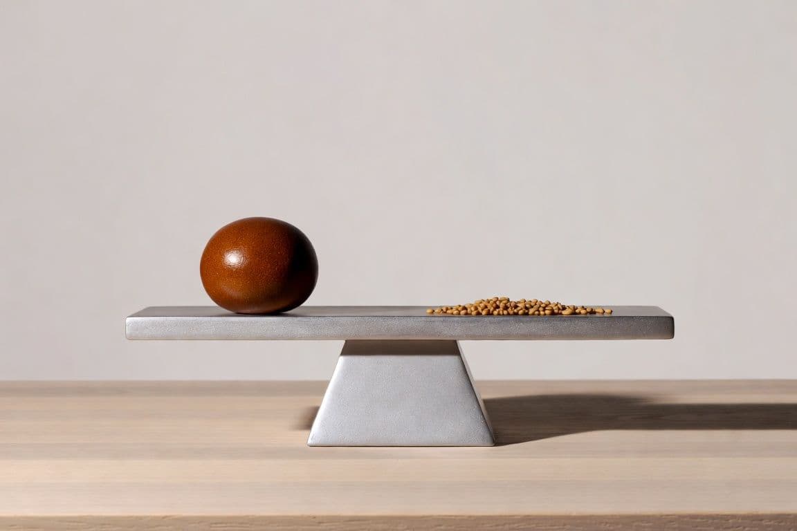 Balance en laiton équilibrée avec châtaigne et graines évoquant le lien entre testostérone, prostate et BPH chez l'homme Balance en laiton équilibrée avec châtaigne et graines évoquant le lien entre testostérone, prostate et BPH chez l'homme