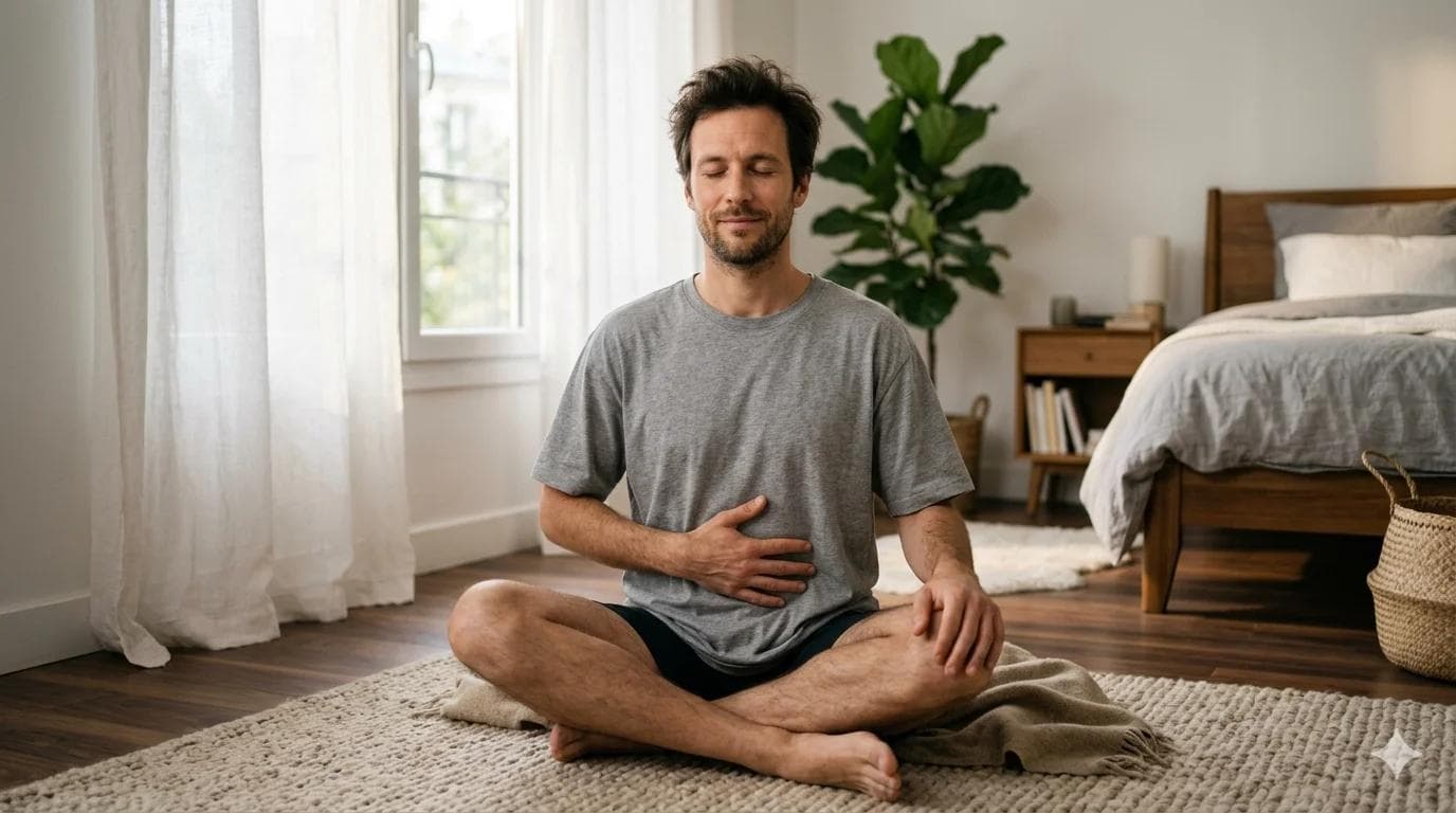 Homme pratiquant des exercices de respiration contre l'éjaculation précoce le matin Homme pratiquant des exercices de respiration contre l'éjaculation précoce le matin