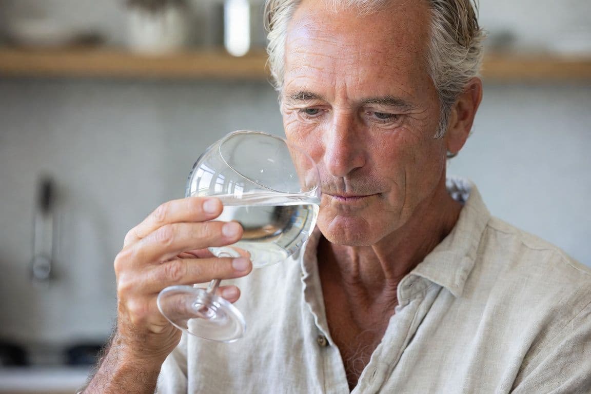 Homme de 62 ans se servant un verre d'eau à côté de son pilulier en bois évoquant le traitement de la prostate Zoxan Homme de 62 ans se servant un verre d'eau à côté de son pilulier en bois évoquant le traitement de la prostate Zoxan