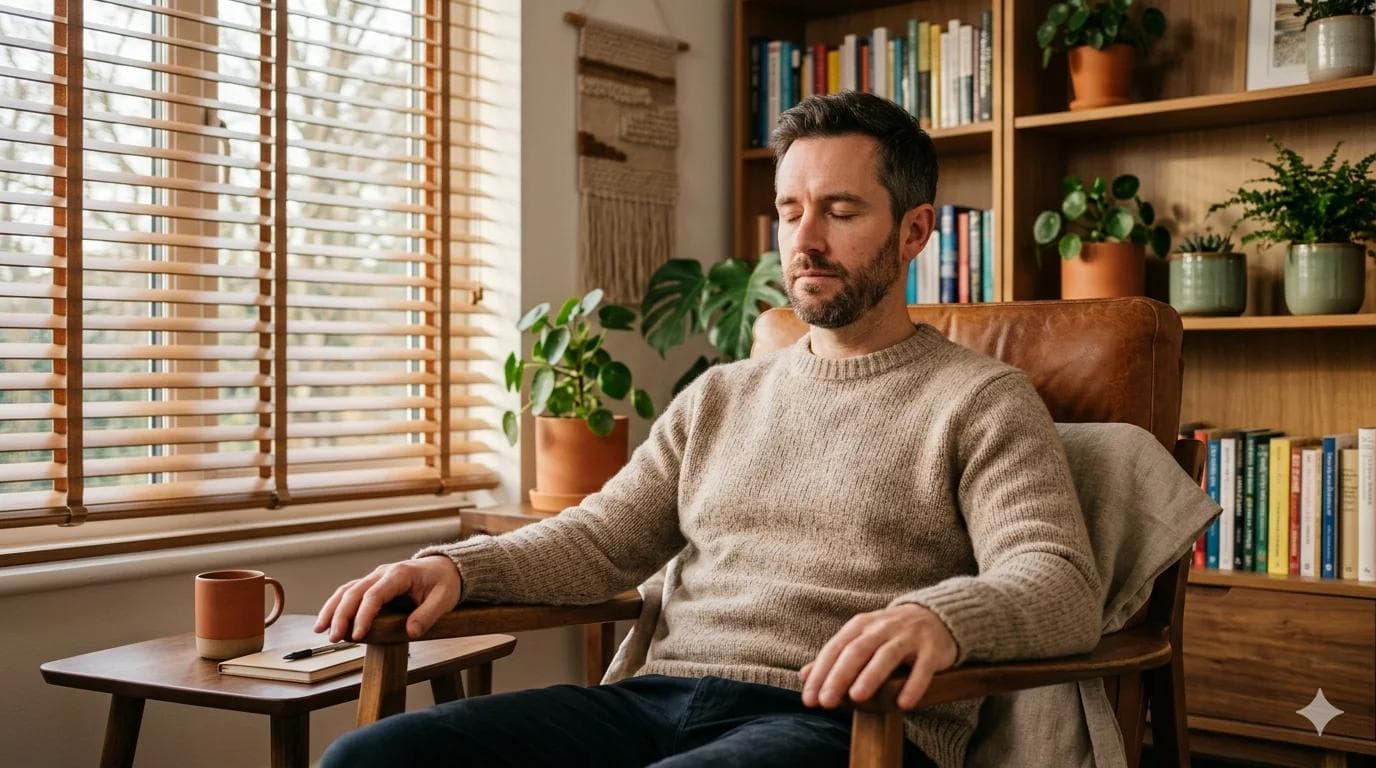 Homme détendu en séance d'hypnose pour traiter son problème d'érection psychogène Homme détendu en séance d'hypnose pour traiter son problème d'érection psychogène