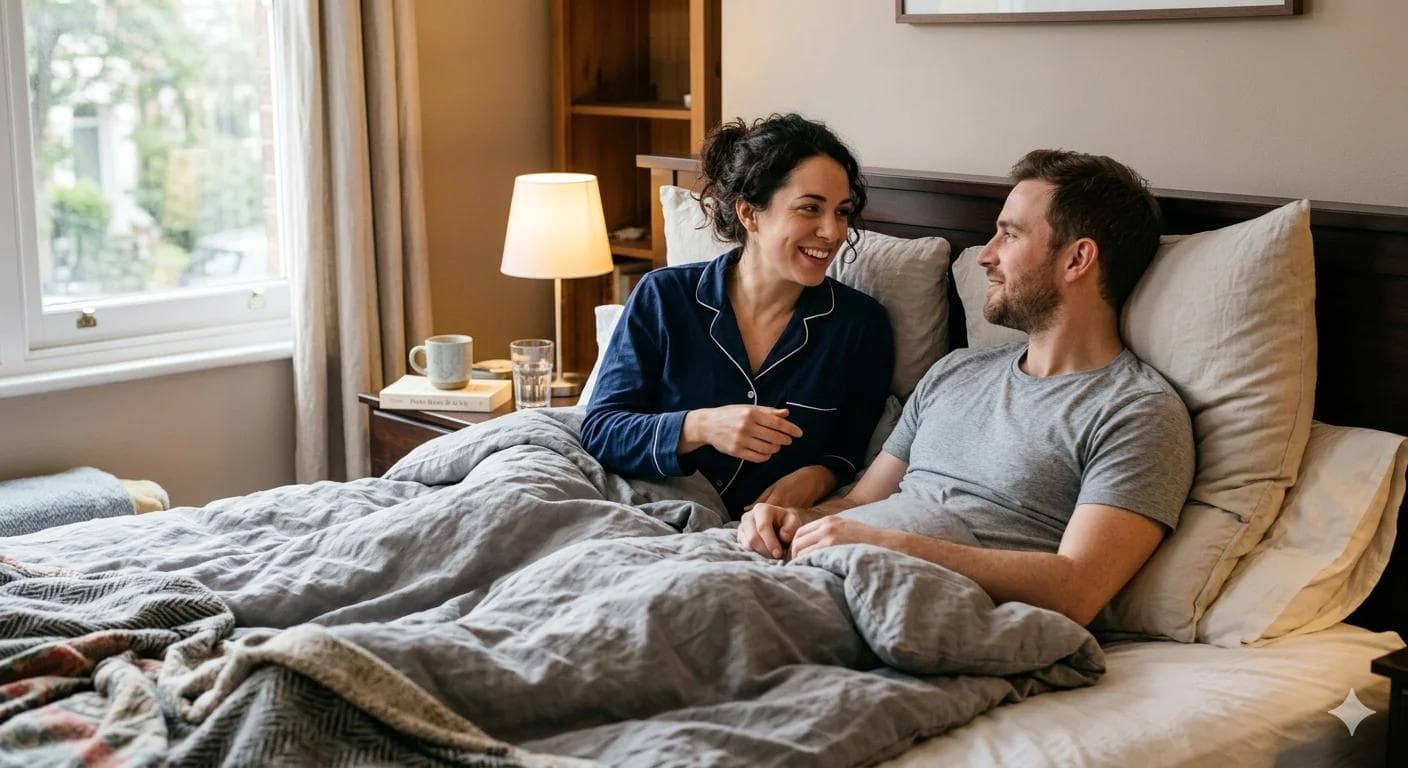 Couple discutant dans un lit Couple discutant dans un lit