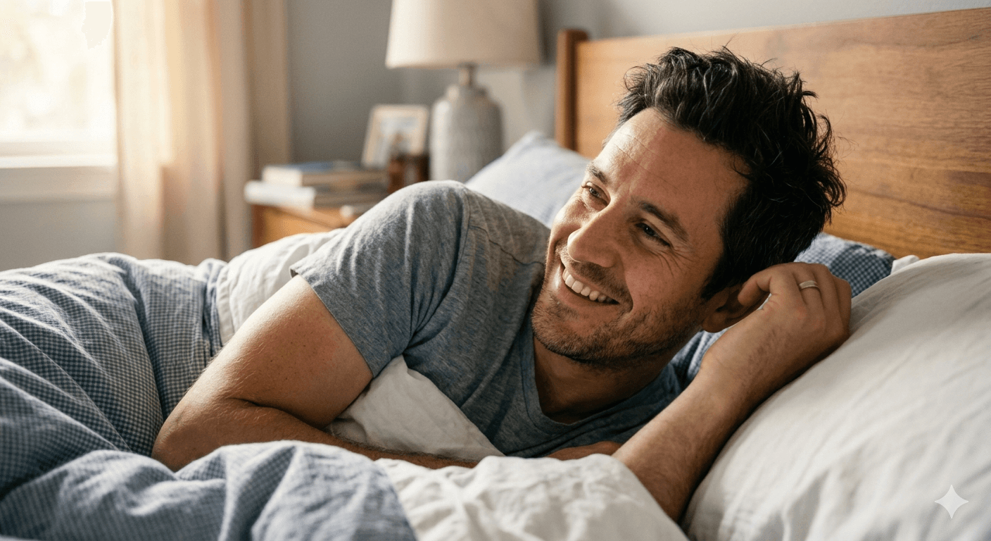 Homme souriant dans son lit Homme souriant dans son lit