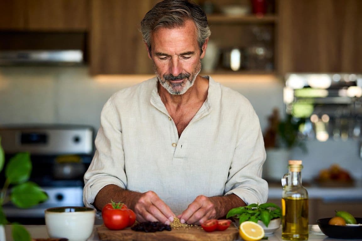 Homme de 55 ans préparant des aliments sains pour la prostate dans sa cuisine méditerranéenne évoquant le soin naturel Homme de 55 ans préparant des aliments sains pour la prostate dans sa cuisine méditerranéenne évoquant le soin naturel