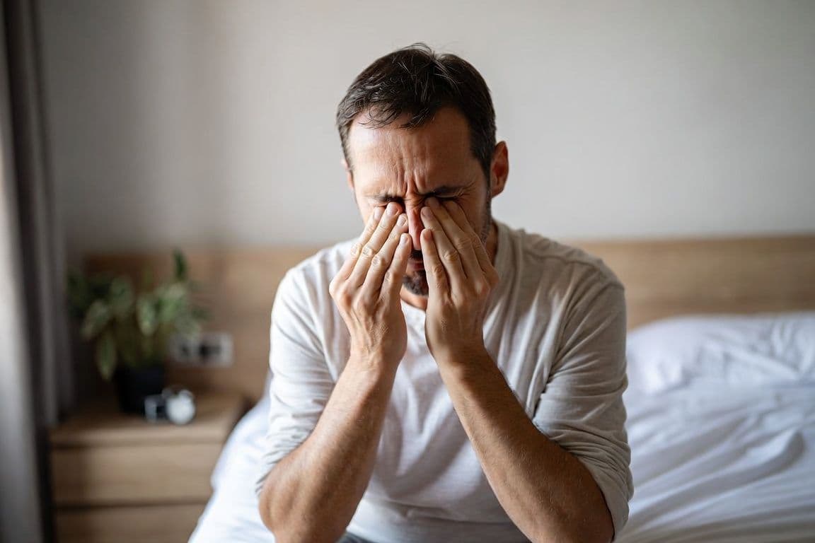 Homme souffrant de fatigue matinale due à une potentielle baisse de testostérone Homme souffrant de fatigue matinale due à une potentielle baisse de testostérone