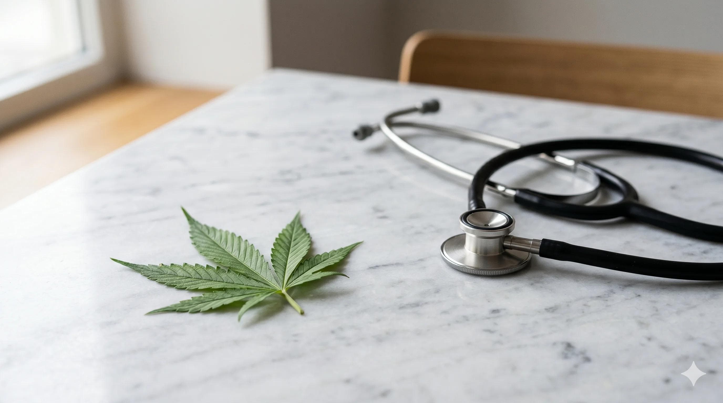 Feuille de cannabis et stéthoscope médical illustrant l'impact du THC sur la santé sexuelle et la dysfonction érectile Feuille de cannabis et stéthoscope médical illustrant l'impact du THC sur la santé sexuelle et la dysfonction érectile
