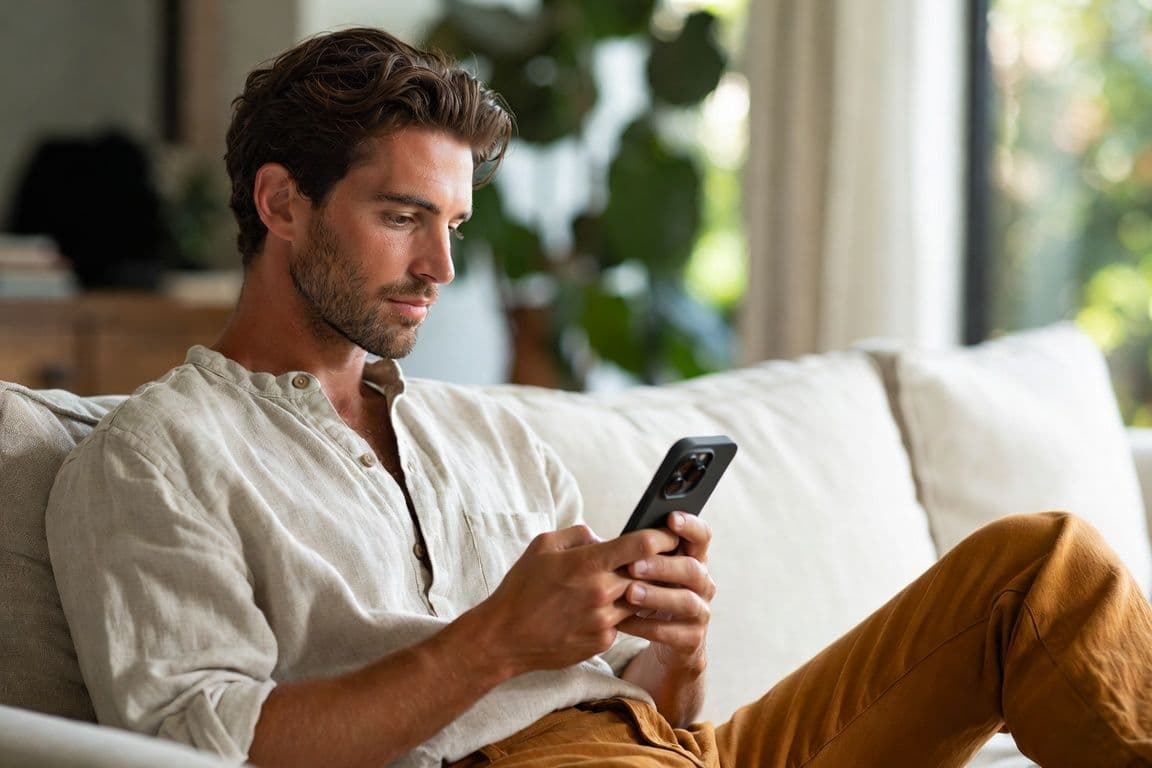Homme consultant un médecin en ligne pour une alternative priligy dans son salon méditerranéen Homme consultant un médecin en ligne pour une alternative priligy dans son salon méditerranéen