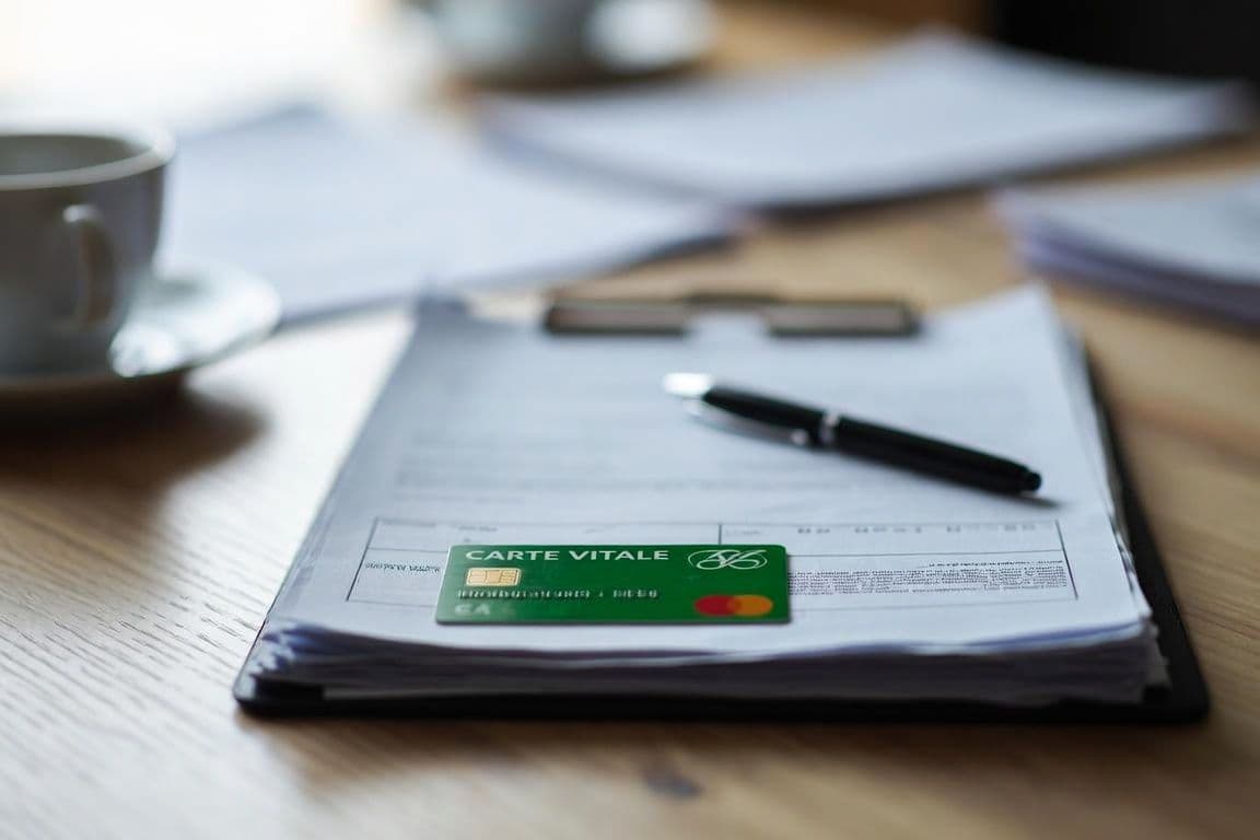 Carte Vitale et documents de mutuelle sur un bureau, remboursement d'un sexologue pour homme Carte Vitale et documents de mutuelle sur un bureau, remboursement d'un sexologue pour homme