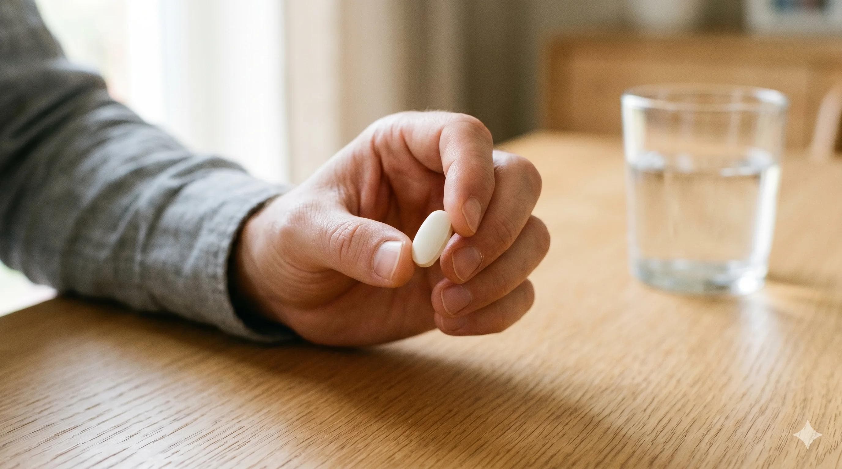 Main d'homme tenant un comprimé blanc évoquant la sertraline et son impact sur l'éjaculation et la santé sexuelle Main d'homme tenant un comprimé blanc évoquant la sertraline et son impact sur l'éjaculation et la santé sexuelle