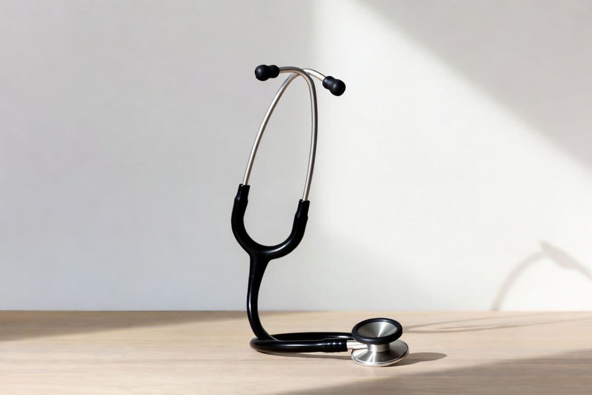 Stéthoscope et tube sanguin sur bois clair évoquant le diagnostic médical de la BPH et de la santé prostatique Stéthoscope et tube sanguin sur bois clair évoquant le diagnostic médical de la BPH et de la santé prostatique