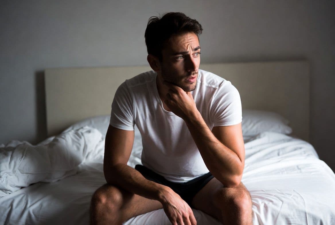 Homme préoccupé assis au bord du lit réfléchissant aux causes de sa perte d'érection pendant l'acte sexuel Homme préoccupé assis au bord du lit réfléchissant aux causes de sa perte d'érection pendant l'acte sexuel