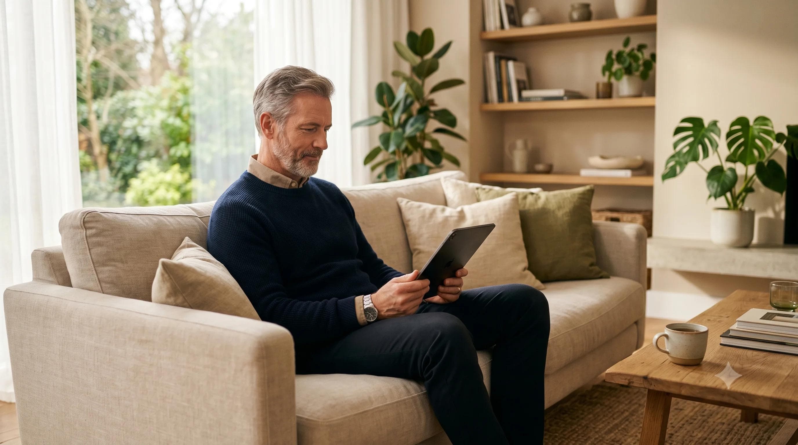 Homme apaisé consultant sa tablette pour comprendre pourquoi son traitement Viagra ne marche plus Homme apaisé consultant sa tablette pour comprendre pourquoi son traitement Viagra ne marche plus