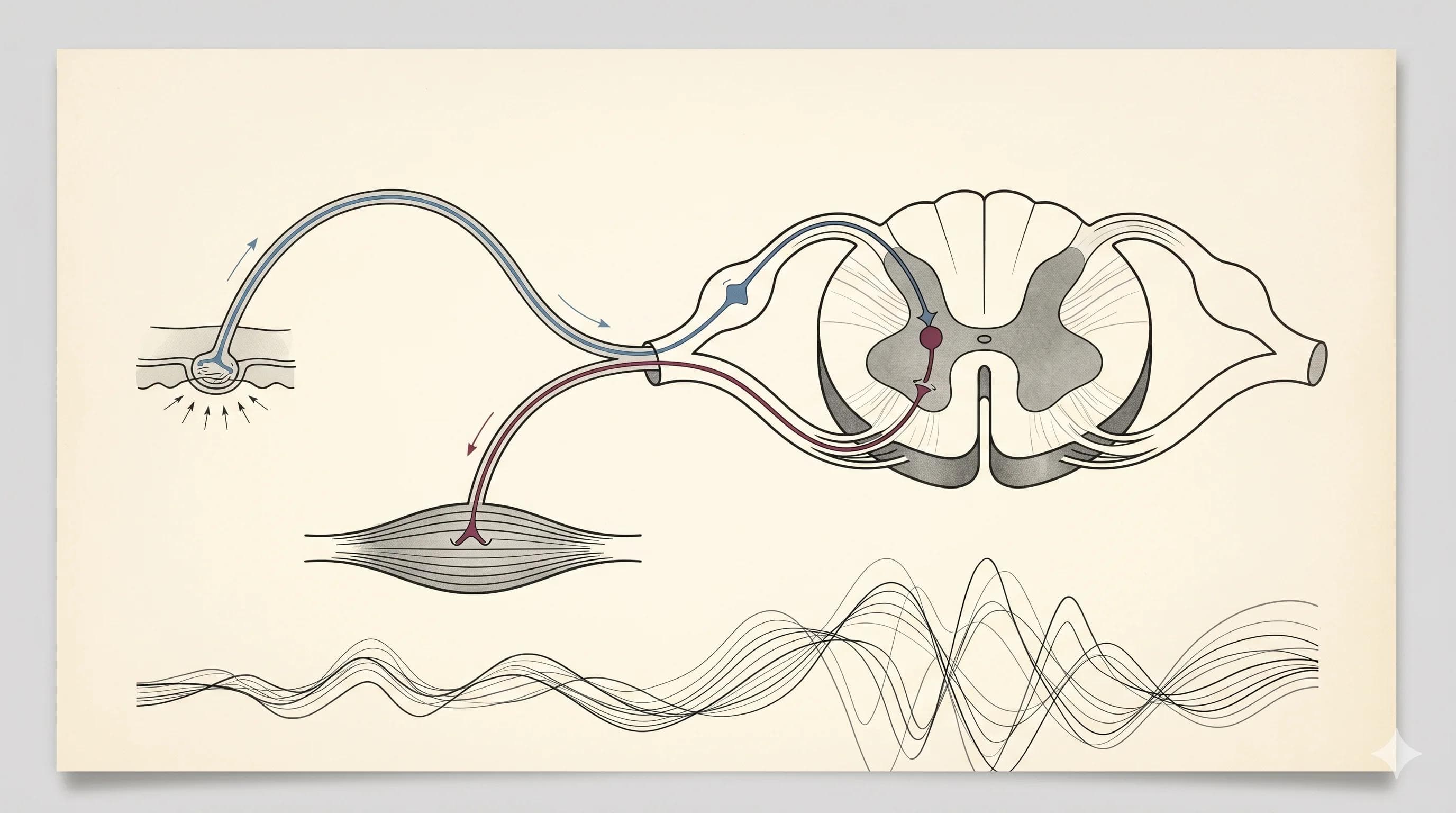 Schéma stylisé d'arc réflexe nerveux illustrant la mécanique neurophysiologique du réflexe éjaculatoire spinal Schéma stylisé d'arc réflexe nerveux illustrant la mécanique neurophysiologique du réflexe éjaculatoire spinal