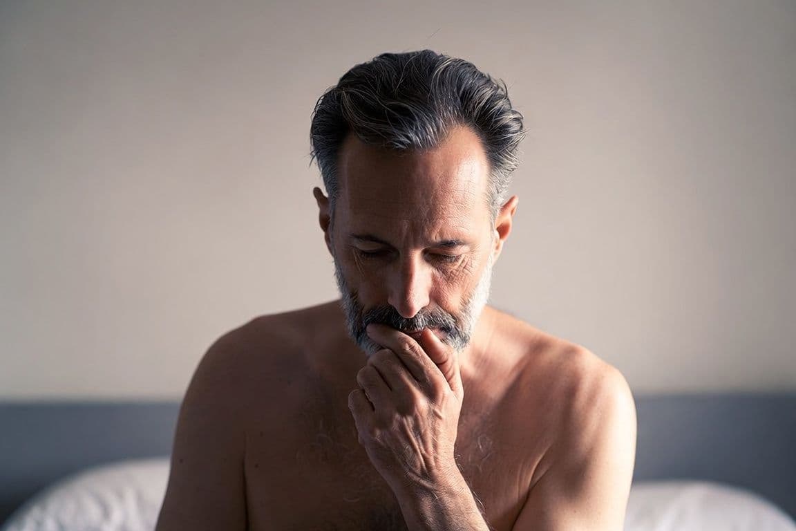 Homme s'interrogeant sur le lien entre problème d'érection et maladie de Lapeyronie Homme s'interrogeant sur le lien entre problème d'érection et maladie de Lapeyronie