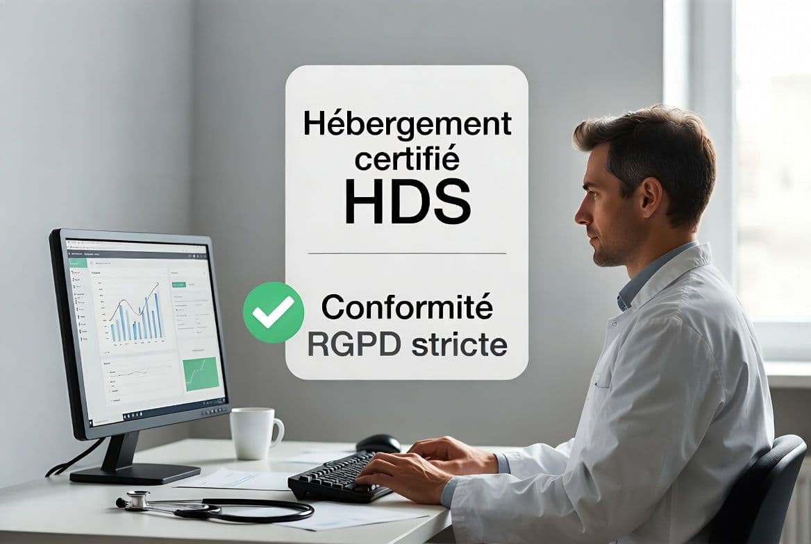 Médecin en téléconsultation sur une plateforme sécurisée avec icônes de protection RGPD et HDS Médecin en téléconsultation sur une plateforme sécurisée avec icônes de protection RGPD et HDS