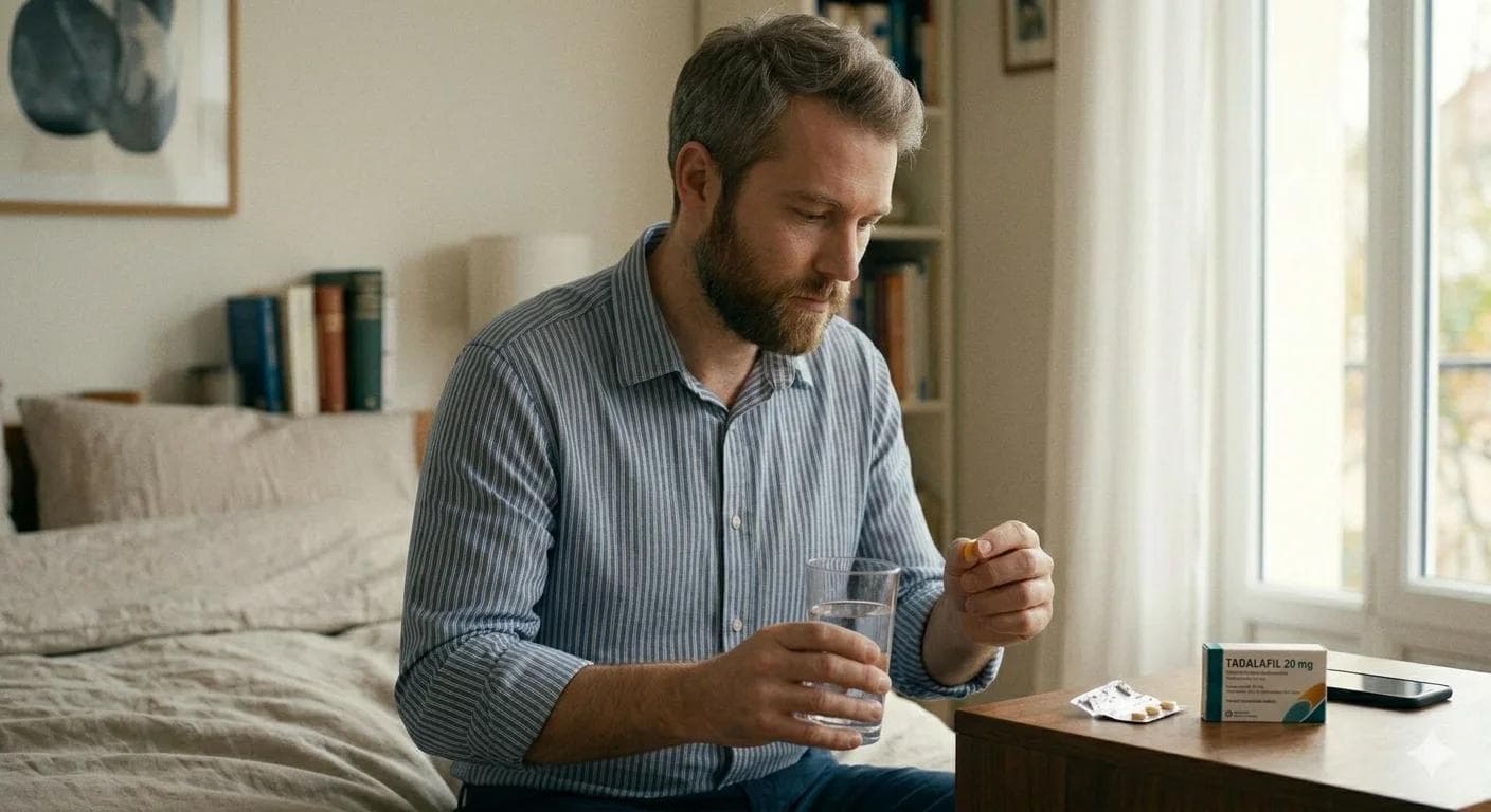 Homme tenant un comprimé de tadalafil Homme tenant un comprimé de tadalafil