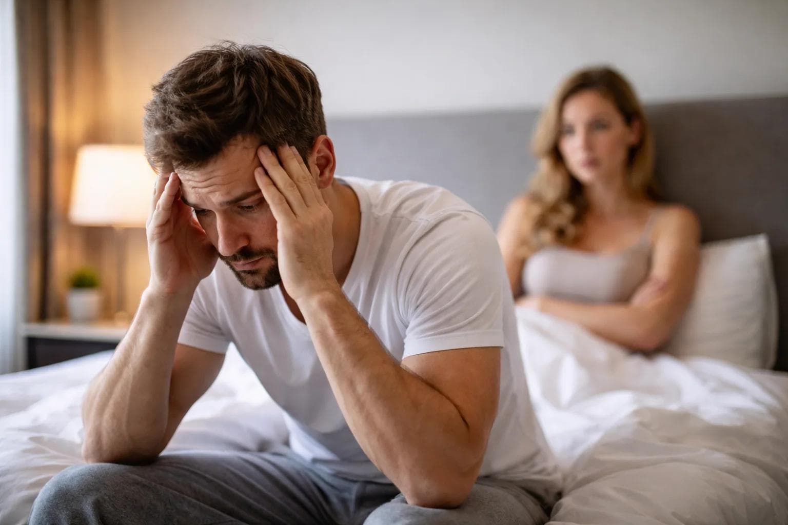 Couple communiquant sereinement dans leur chambre Couple communiquant sereinement dans leur chambre