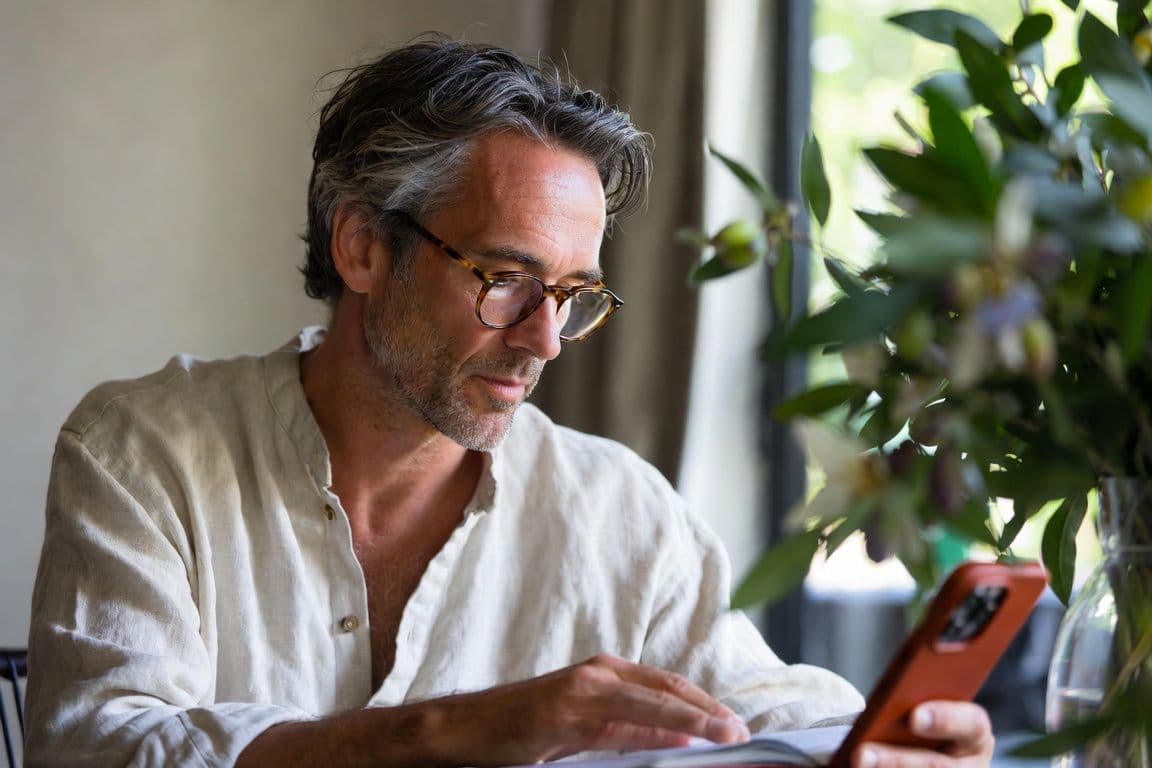 Homme de 40 ans consultant attentivement des notes dans sa cuisine méditerranéenne évoquant les effets du finastéride Homme de 40 ans consultant attentivement des notes dans sa cuisine méditerranéenne évoquant les effets du finastéride